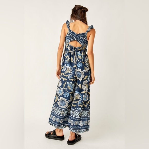 Free People Bali Albright Jumpsuit With Pockets Navy Blue Combo Size M - Picture 5 of 8